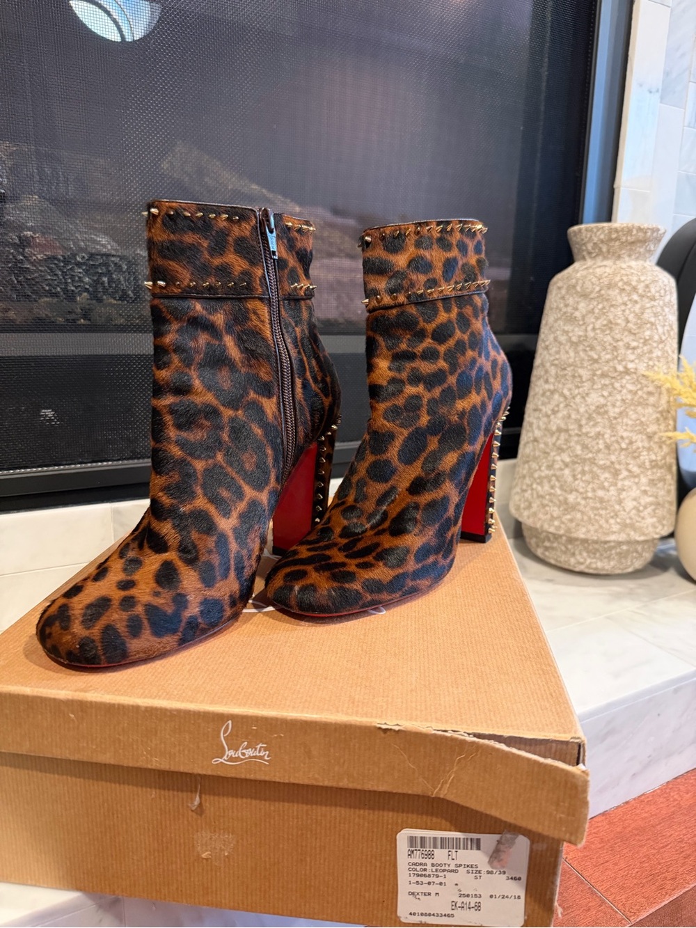 Christian Louboutin Leopard Calf Hair Spike Heel Ankle Boots Size 38/39